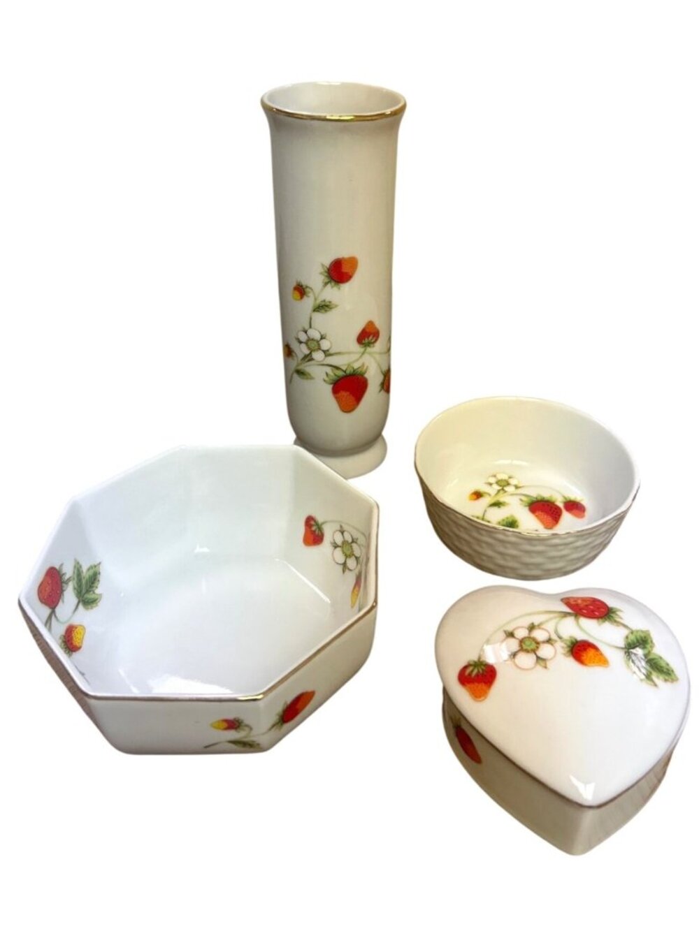 Vintage Japan Porcelain Strawberry Trinket Dishes & Bud Vase Gold Gilt Set of 4